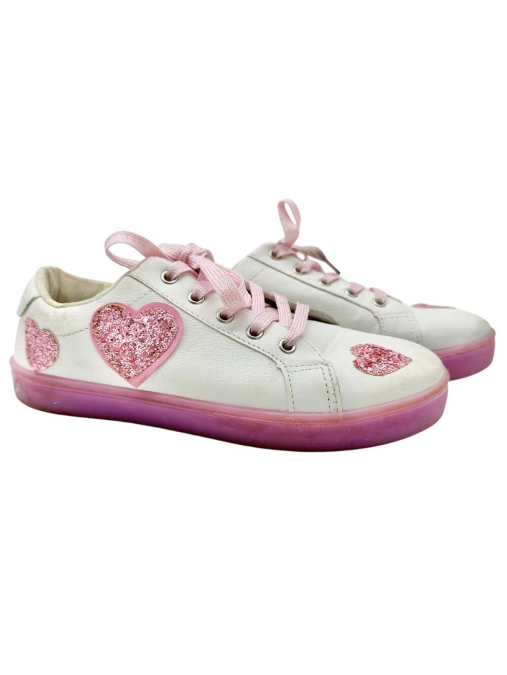 FabKids Glitter Heart Sneakers Girls US 5 White Pink with Light Up Soles Lace Up